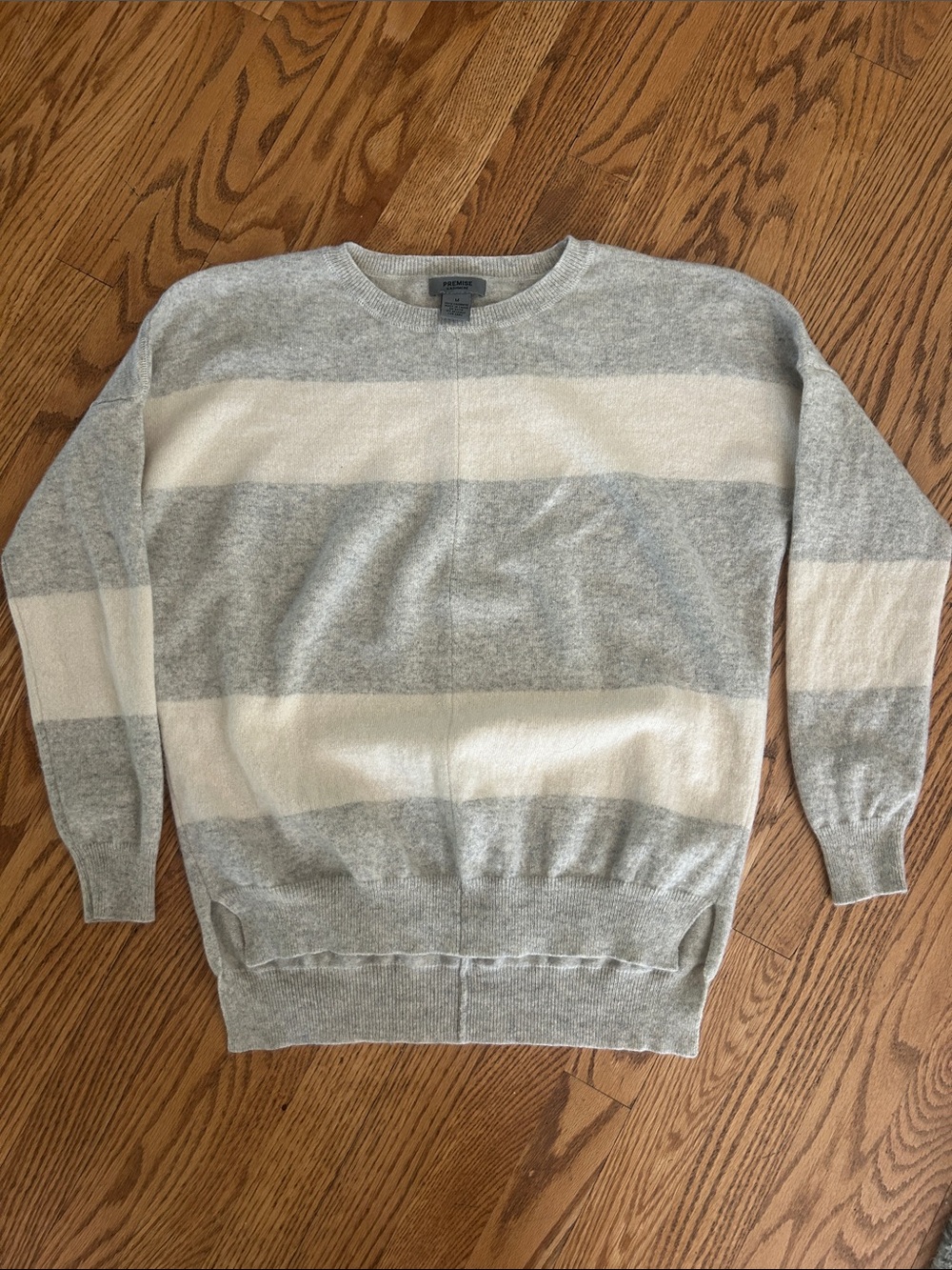 100% Cashmere Light Gray & Cream Striped Crewneck Sweater
